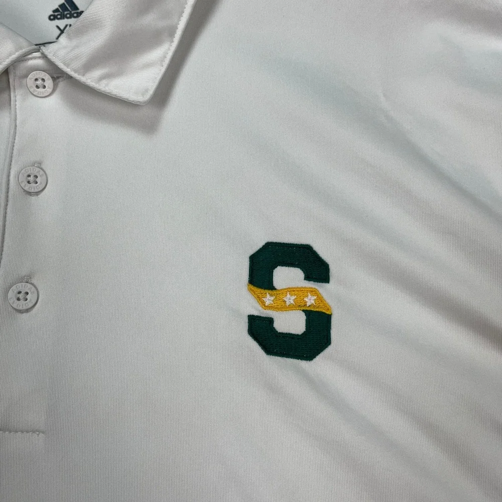 Adidas Polo Shirt Men XL White Short Sleeve‎ Golf Performance 3 Stripe LOGO